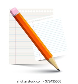 Orange Pencil and Empty Paper Notebook Sheets Isolated Objects Vector Illustration
