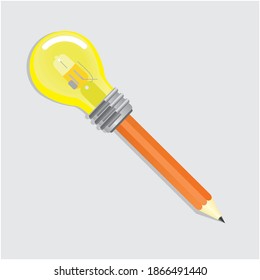Orange pencil with lightbulb. Vector illustration.