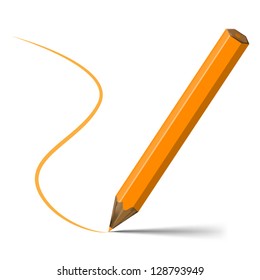 Orange pencil with line that it draw isolated on white background
