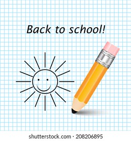 Orange pencil on notebook sheet in cell and a simple image of the sun
