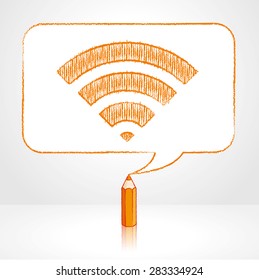 Orange Pencil with Reflection Drawing Digital WiFi Icon in Round Cornered Rectangular Speech Bubble on Pale Background