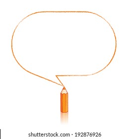 Orange Pencil with Reflection Drawing Oblong Speech Bubble on White Background