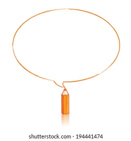 Orange Pencil with Reflection Drawing Oval Speech Bubble on White Background