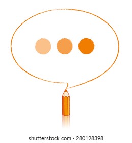 Orange Pencil with Reflection Drawing Oval Speech Bubble containing Tinted Ellipsis on White Background