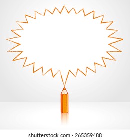 Orange Pencil with Reflection Drawing Pointed Starburst Speech Bubble Grey Background