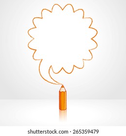 Orange Pencil with Reflection Drawing Pounded Starburst Speech Bubble Grey Background
