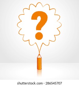 Orange Pencil with Reflection Drawing Question Mark in Rounded Starburst Speech Bubble Grey Background