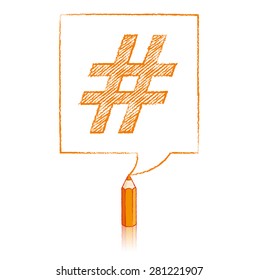 Orange Pencil With Reflection Drawing Shaded Hash Tag In Square Speech Bubble On White Background