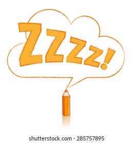 Orange Pencil with Reflection Drawing Snoring Zzzz Cloud Shaped Speech Bubble on White Background