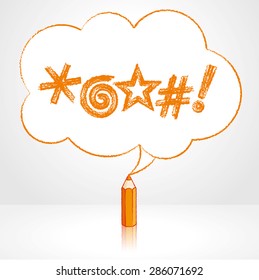 Orange Pencil with Reflection Drawing Swearing Icons in Fluffy Cloud Shaped Speech Bubble on Grey Background