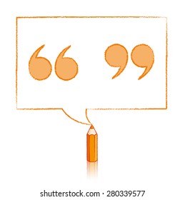 Orange Pencil with Reflection Drawing Tinted Quotation Marks in Rectangular Speech Bubble on White Background