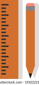 Orange pencil and ruler, illustration, vector on white background.