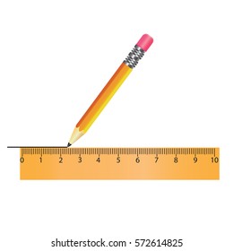 Orange pencil and wooden ruler. Pencil making line