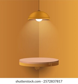 Orange pendant lamp illuminating a round floating shelf. Minimalistic interior design with soft shadows and warm light, cozy atmosphere, mockup design with spotlight effect