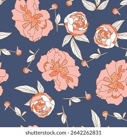 Orange Peonies With Leaves and Buds. Flowers on Blue Background. Vector Seamless Pattern