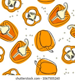 Orange pepper hand drawn vector seamless pattern. Orange paprika.  