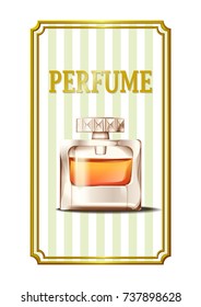 Orange perfume with gold frame on stripe pattern background, Vector