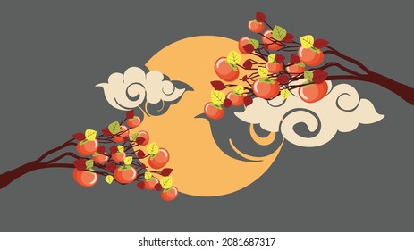 Orange persimmon fruits on branch and full moon, Chuseok design.