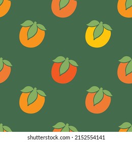 Orange persimmon. Seamless pattern with cute vector illustration. Summer design with tropical fruit. Hand drew ink doodle style. Abstract fruit. 