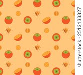 Orange Persimmon seamless pattern, Farm fresh Persimmon product emblem for grocery shop, Slides, long and cross sections, and different positions, simple flat vector illustration of Fruits.