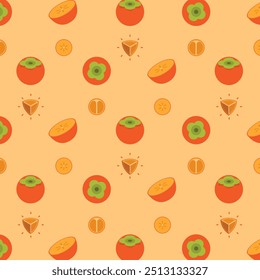 Orange Persimmon seamless pattern, Farm fresh Persimmon product emblem for grocery shop, Slides, long and cross sections, and different positions, simple flat vector illustration of Fruits.