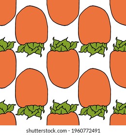 orange persimmon seamless pattern. hand drawn orange whole persimmon with green leaves at the base with a black outline placed horizontally with a geometric pattern for the design template