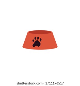 Orange pet food bowl with dog's paw print isolated on white background - single flat icon of empty plastic dog or cat water bowl. Simple vector illustration