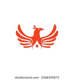 An orange phoenix with outstretched wings, incorporating a small house at the bottom center, symbolizing rebirth and home