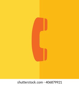 Orange phone vector icon. Yellow background