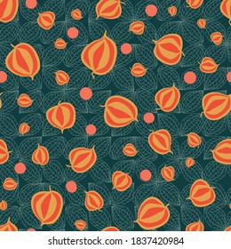 Orange physalis seamless vector pattern on a teal background. Surface print design for fabrics, stationery, scrapbook paper, gift wrap, home decor, wallpaper, gift wrap, textiles, and packaging.