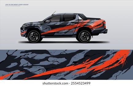 Orange pick up truck truck double cabin branding sport rally Pick up truck touch of black, mockup with racing wrap decal or livery design.