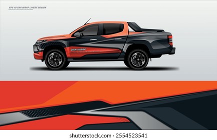 Orange pick up truck truck double cabin branding sport rally Pick up truck touch of black, mockup with racing wrap decal or livery design.