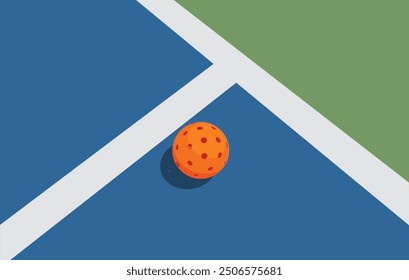 Orange pickleball ball in a pickleball court vector illustration.