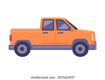 Orange pickup car icon. Compact truck suv flat vector isolated on white background. Passenger vehicle with cargo body chassis illustration