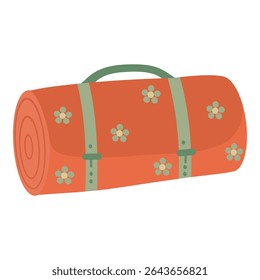 Orange picnic blanket with flowers vector illustration on white background. Rolled rug with handles. Portable Picnic Blanket with carry straps