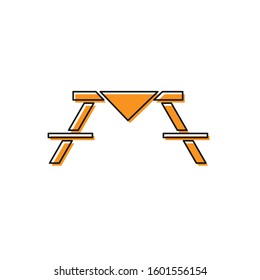 Orange Picnic table with benches on either side of the table icon isolated on white background.  Vector Illustration