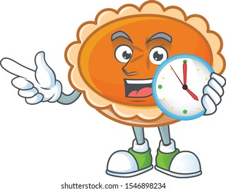 orange pie cartoon with bring clock mascot design.