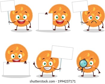 Orange pie cartoon character bring information board. Vector illustration