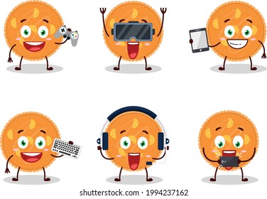 Orange pie cartoon character are playing games with various cute emoticons. Vector illustration
