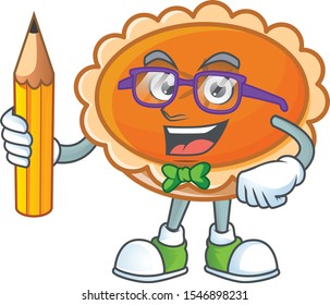 orange pie cartoon with holding pencil mascot design.