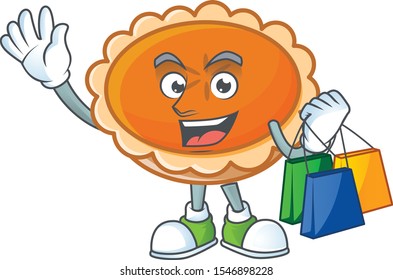 orange pie cartoon with shopping mascot design.