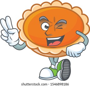 orange pie cartoon with two finger mascot design.