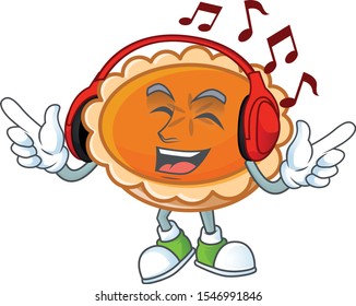 orange pie with listening music character on white background.