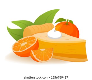 Orange pie Slice topping whipped cream. Tropical fruit dessert concept. Realistic vector illustration.Isolated on a white background.Confectionery baked goods.