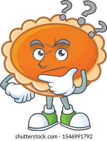 orange pie with thinking character on white background.