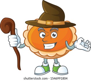 orange pie with witch character on white background.