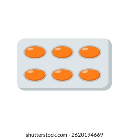 Pastillas de naranja en blister en diseño plano. Paquete de suministros médicos. Ilustración vectorial aislada.