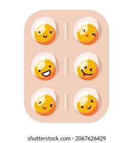 Orange pills with cheerful faces in a blister. Antidepressant concept. Vector illustration.