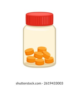 Pastillas de naranja en botella transparente. Vector de dibujos animados ilustración plana de contenedor con suplemento. 