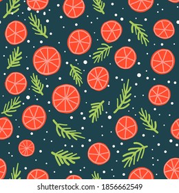 Orange and pine twigs christmas seamless pattern vector. Cute hand drawn season holiday cartoon illustration